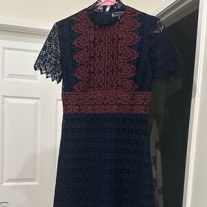 Elegant Lace Dress in Navy and Red